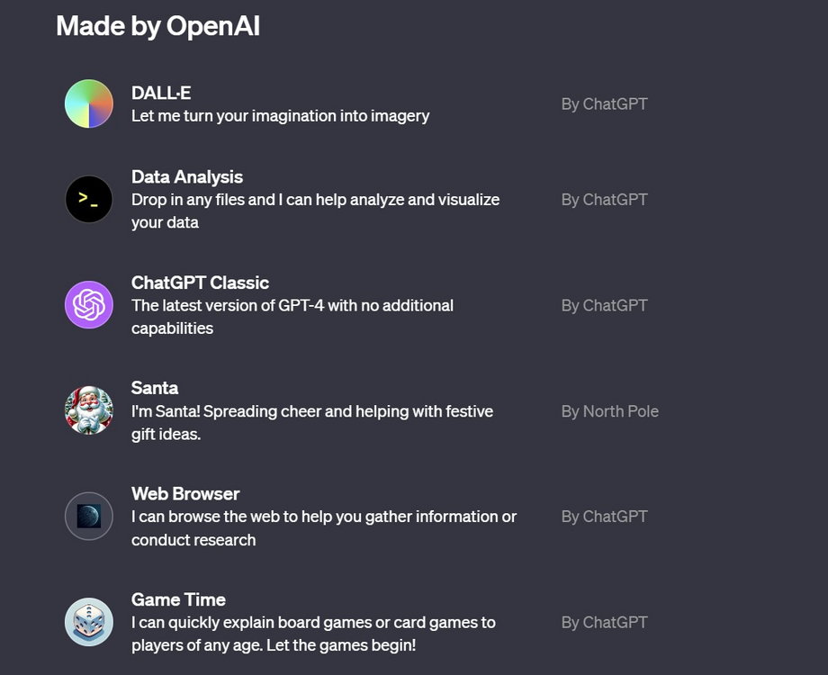 OpenAI również tworzy własne chatboty i udostępnia użytkownikom