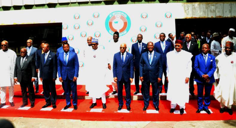 Front row from left: President Roch Kaboré of Burkina Faso; President Nana Akufo-Addo of Ghana; President Alpha Condé of Guinea; President Faure Gnassingbé of Togo; Chairman of the ECOWAS Authority of Heads of State and Government, President Muhammadu Buhari of Nigeria; President of the ECOWAS Commission, Jean-Claud Kassi Brou; President Alassane Ouattara of Côte d’Ivoire; President Mahamadou Issoufou of Niger Republic; President Julius Bio of Sierra Leone; and Former Nigerian Head of State, Gen. Yakubu Gowon, at the 54th Ordinary Session of the ECOWAS Authority of Heads of State and Government, in Abuja on Saturday (22/12/18). NAN