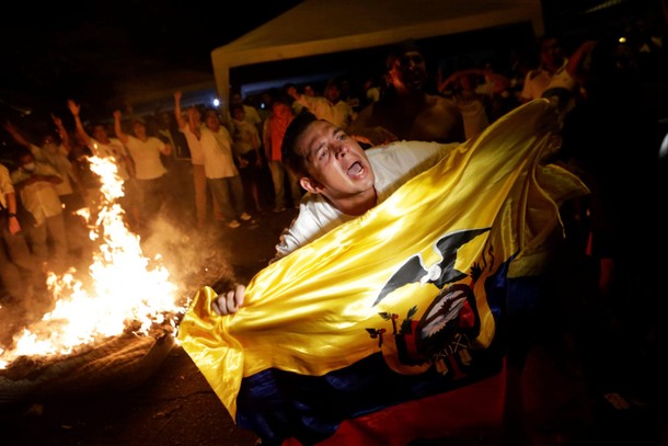 Supporters of Ecuadorean presidential candidate Guillermo Lasso demonstrate in Guayaquil during a na