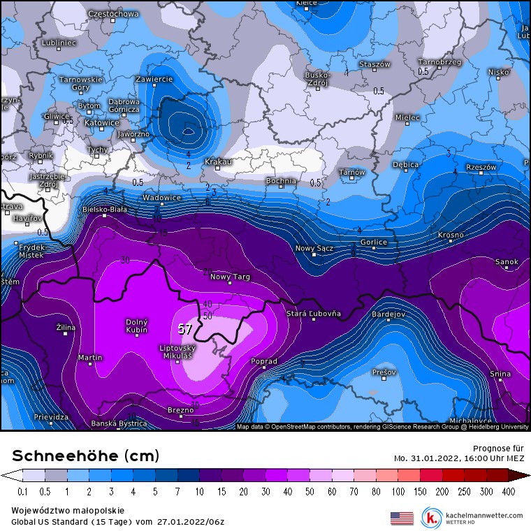 Grubość pokrywy śnieżnej w woj. małopolskim w poniedziałek