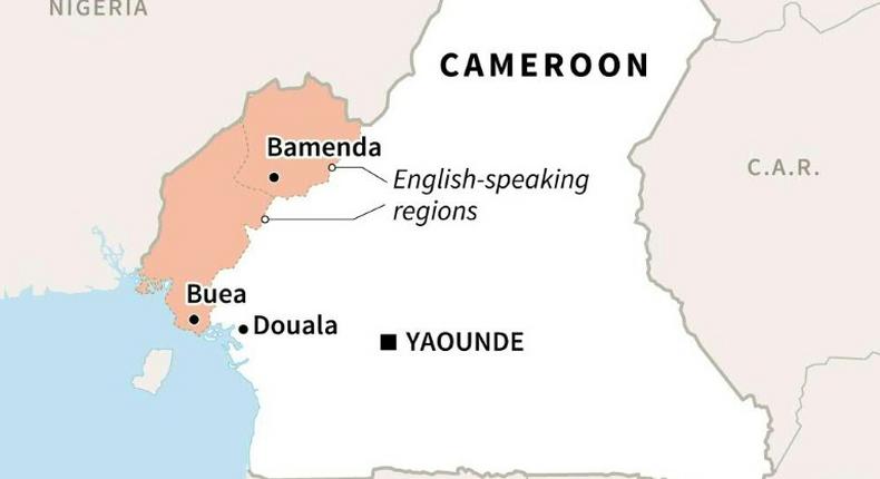 Map of Cameroon locating English-speaking regions and their capitals, Bamenda and Buea