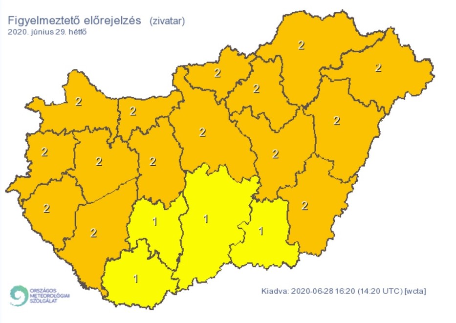 Zivatarveszély miatt Baranya, Bács-Kiskun, Csongrád-Csanád és Tolna megyére elsőfokú, az ország többi területére másodfokú figyelmeztetést adtak ki.