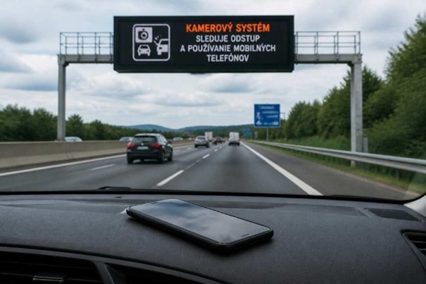 Smartfón ležiaci na palubnej doske počas jazdy po diaľnici – v pozadí viditeľná informačná tabuľa upozorňujúca na kamerový systém sledujúci odstup a mobilné telefóny.