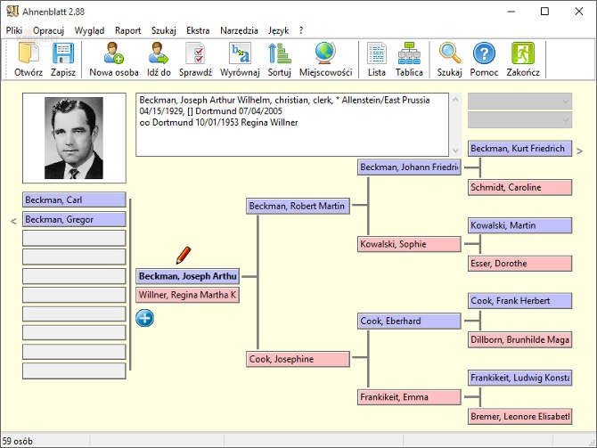 Zrzut ekranu wykresu drzewa genealogicznego programu Ahnenblatt