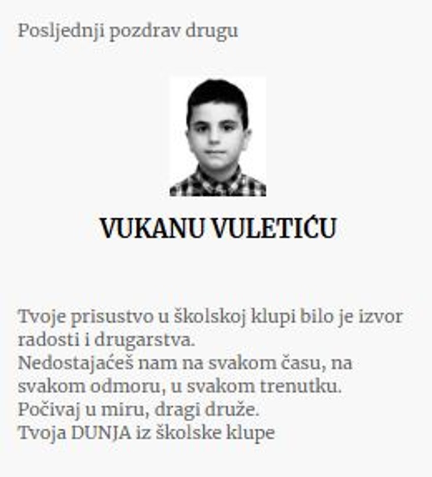 Čitulja posvećena Vukanu Vuletiću 