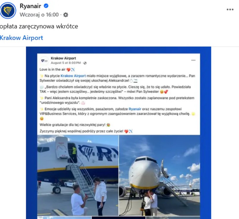 Oświadczyny na lotnisku skomentował Ryanair