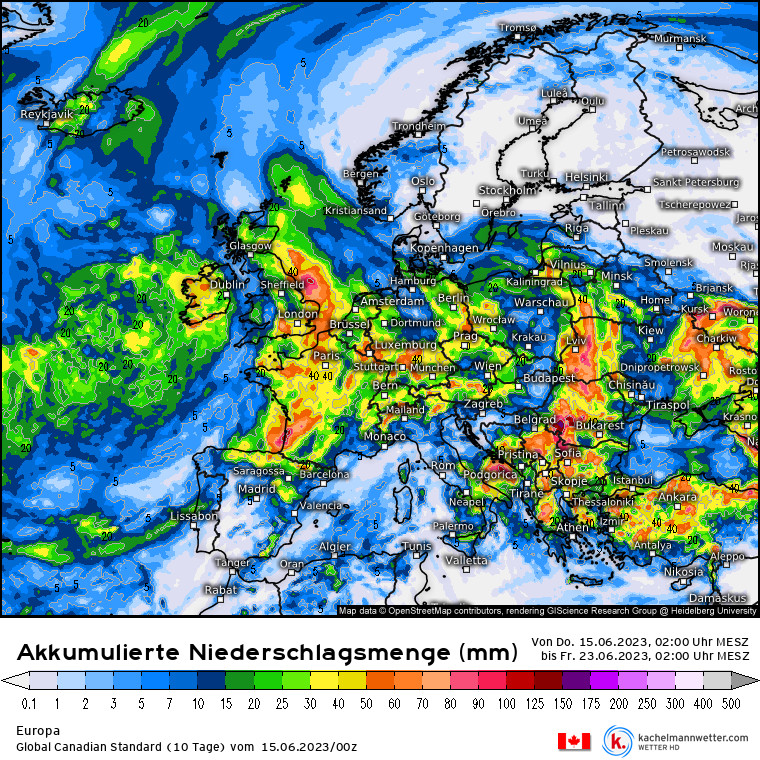Prognozowana suma opadów w Europie na najbliższy tydzień