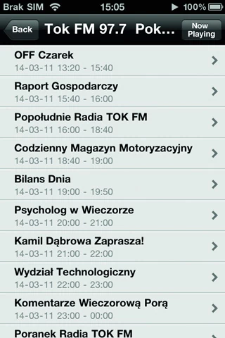 Program umnożliwia przeglądanie ramówki słuchanej stacji. Na grafice przykład Tok FM