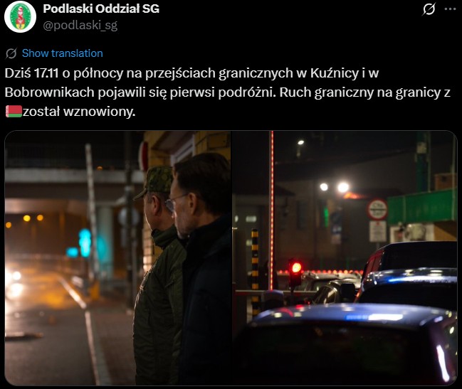 Podlaski Oddział SG informuje o wznowieniu ruchu na granicy.