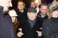 Jarosław Kaczyński i politycy PiS przed aresztem śledczym Warszawa-Grochów, 9 stycznia 2024 r.