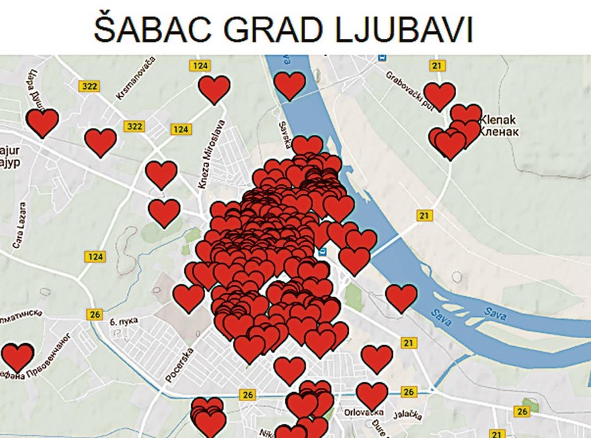 Mapa prvih poljubaca u Šapcu