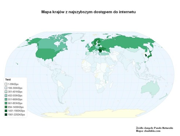 Mapa krajów z najszybszym dostępem do internetu. Źródło: Pando Networks, chartsbin.com.