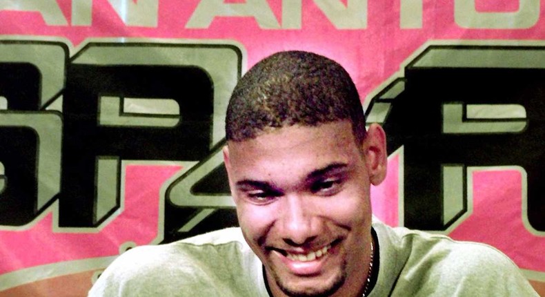 Tim Duncan at his introductory press conference with the Spurs.