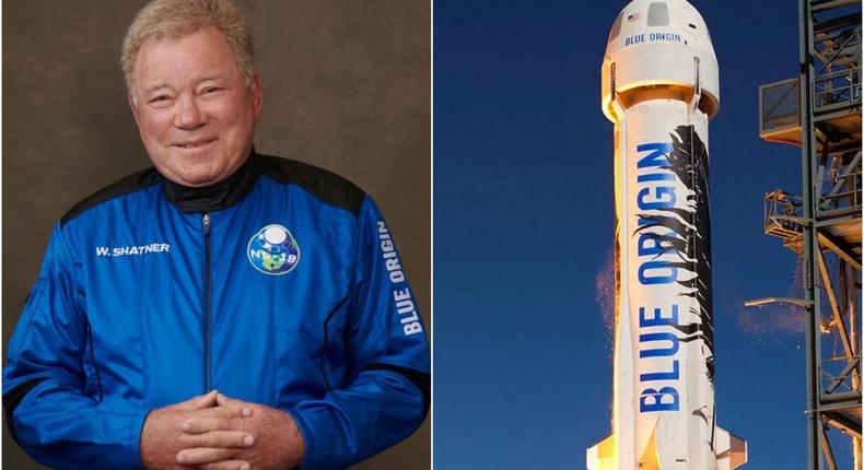 William Shatner (left) purchased a seat on Blue Origin's New Shepard rocket (right).
