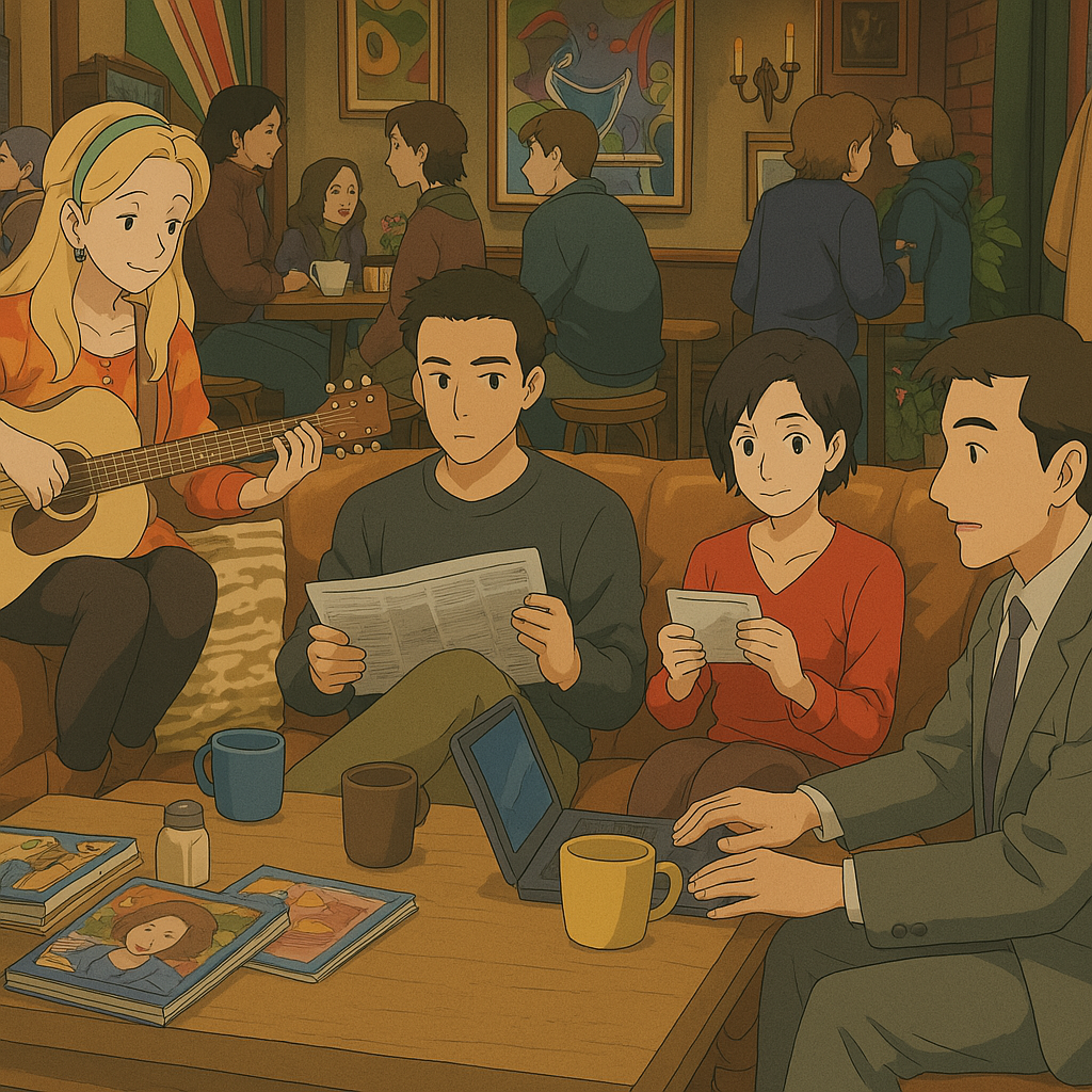 Phoebe, Ross, Monica a Chandler v kaviarni Central Perk.