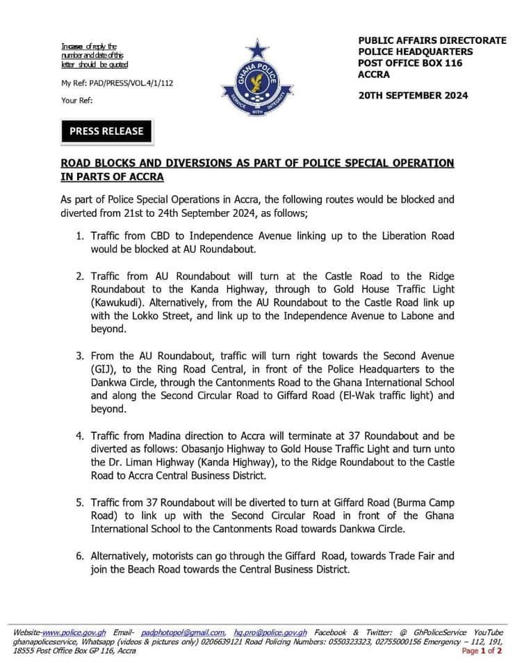 Police announce major roadblocks in Accra from September 21 to 24: See diversions