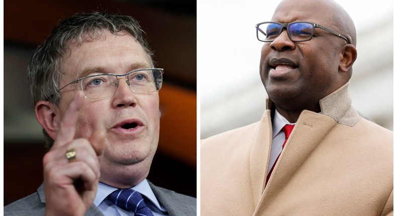 Republican Rep. Thomas Massie of Kentucky, left, and Democratic Rep. Jamaal Bowman of New York.Kevin Dietsch/Getty Images, left, and Anna Moneymaker/Getty Images