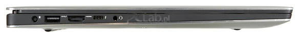 Lewa strona: gniazdo zasilacza, USB 3.0, HDMI, USB 3.1 typ C / Thunderbolt 3, audio
