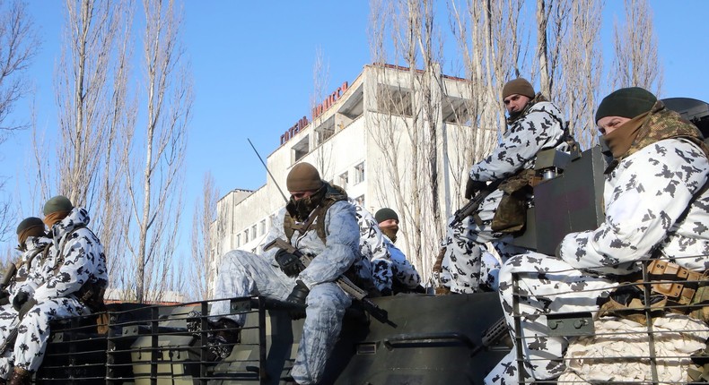 Ukrainian soldiers in Prypyat, by the Chernobyl nuclear site, earlier in February 2022.