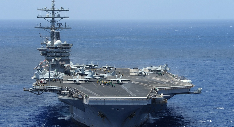 The aircraft carrier USS Dwight D. Eisenhower (CVN 69) transits the Atlantic Ocean