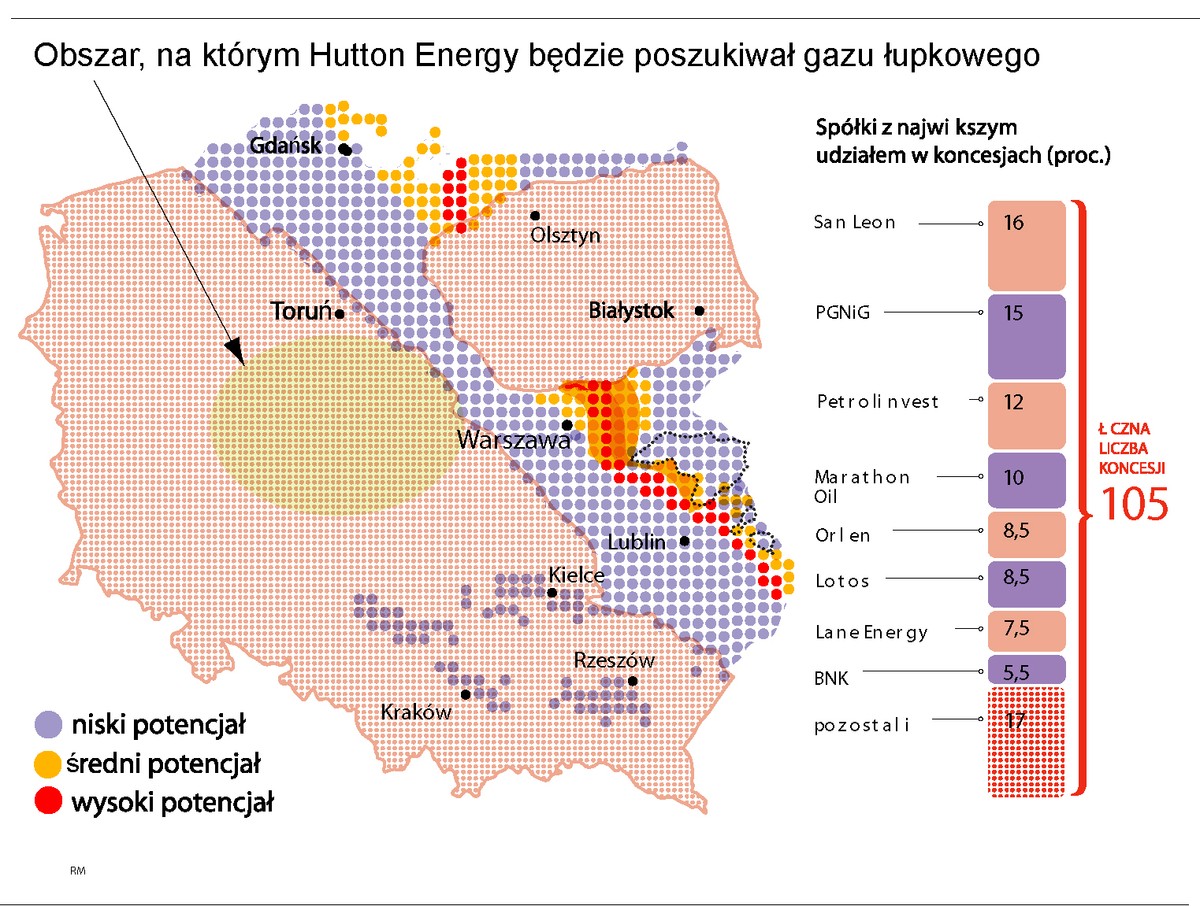 Obszar, na którym Hutton Energy będzie poszukiwał gazu łupkowego