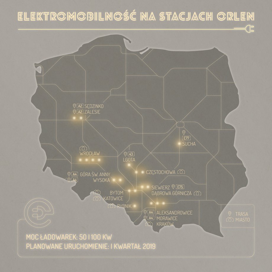 Punkty ładowania aut elektrycznych na stacjach PKN Orlen, które mają powstać do końca pierwszego kwartału 2019 roku