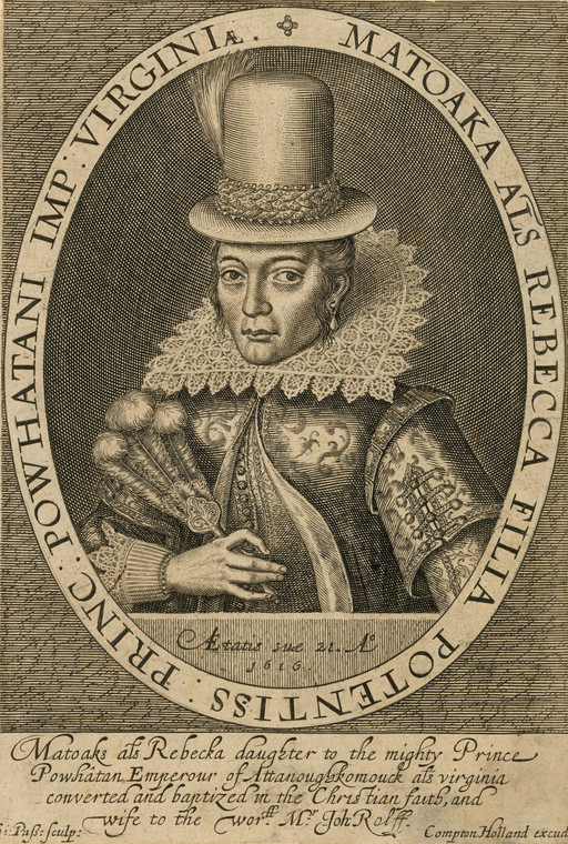 Pocahontas, znana także jako Rebecca Rolfe. Miedzioryt z 1616 r.
