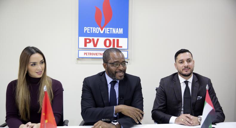 L-R : Cindy Reverol Bermudez, International Advisor of PetroVietnam Dubai, Hon. Minister Gabriel M. Obiang Lima, Antonio De Santis, Executive Director of PetroVietnam Oil DMCC Dubai, at PetroVietnam Oil DMCC, Dubai Office.