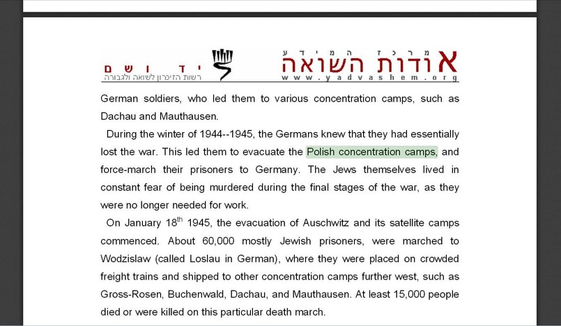 Informacje ze strony Yad Vashem i "polskie obozy koncentracyjne" (źródło: yadvashem.org)