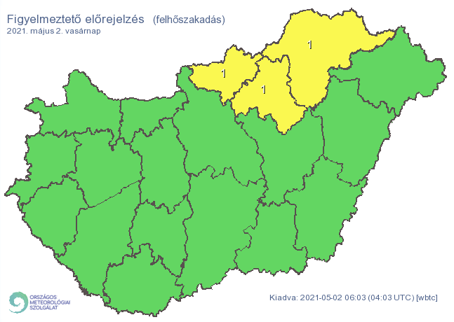 A felhőszakadás miatt csak három északi megyére adtak ki elsőfokú figyelmeztetést / Fotó: met.hu