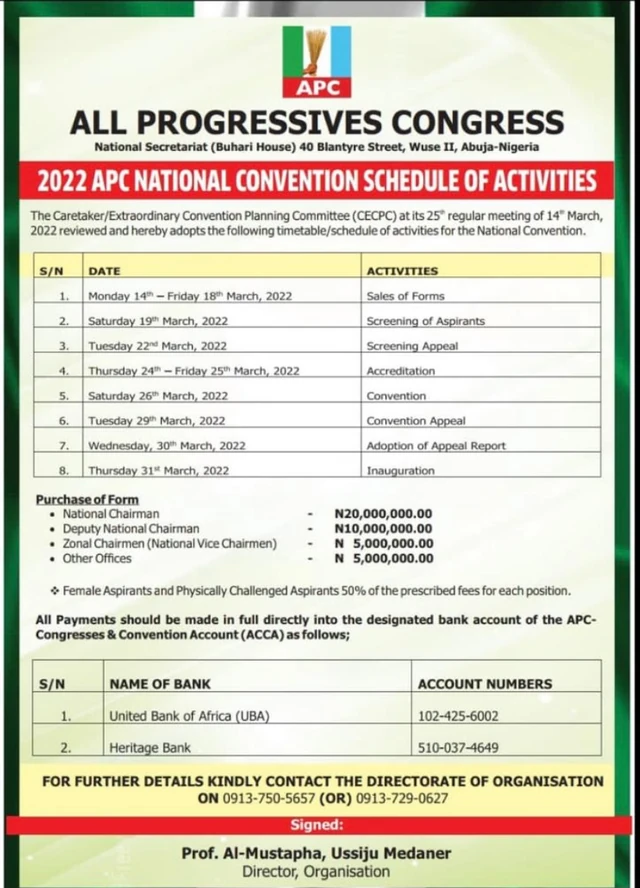 APC fixes price for chairmanship form at ₦20m, Women to get 50% discount |  Pulse Nigeria