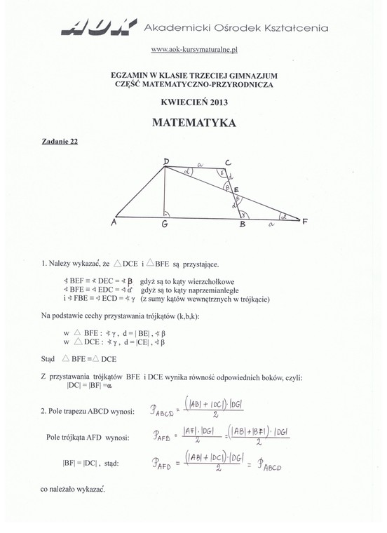 Egzamin gimnazjalny z matematyki. Zadanie otwarte nr 22