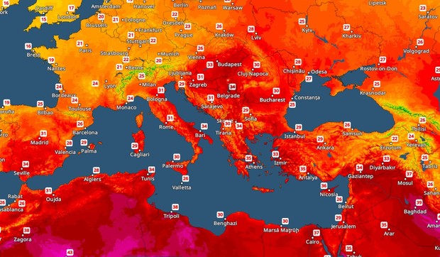 Mapa maksimalnih temperatura u četvrtak, 4.6.