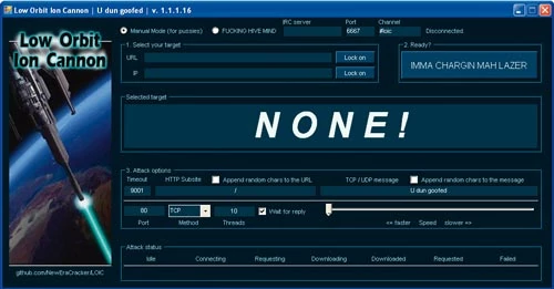 W zmodyfikowanej wersji Low Orbit Ion Cannon wystarczy wpisać adres serwera IRC, aby program obciążał stronę, której adres zostanie wysłany za pośrednictwem operatora specjalnego kanału IRC.