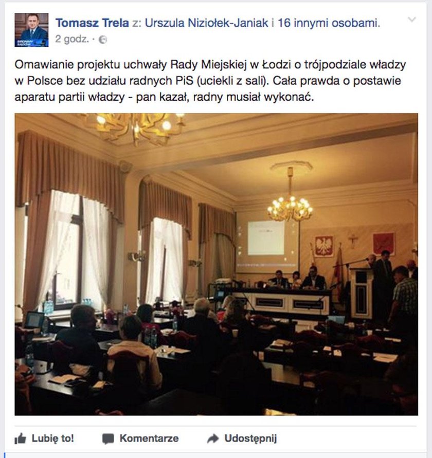 Rada Miejska w Łodzi. Wiceprezydent Tomasz Trela: radni PiS uciekli z sali