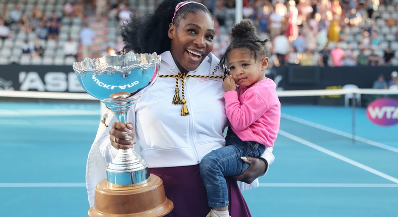 Serena Williams held her daughter at the ASB Classic in 2020. WTA announced the Maternity Fund Program on Thursday, saying Saudi Arabia's Public Investment Fund will support the initiative.MICHAEL BRADLEY / AFP