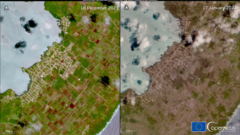 Porównanie obrazów satelitarnych wyspy Tongatapu z 18 grudnia 2021 r. (przed wydarzeniem) i 17 stycznia 2022 (po wydarzeniu)