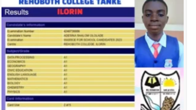Ololade Adeshina’s result as displayed on WAEC portal