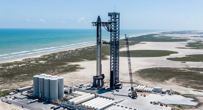 Starship fully stacked on its launchpad. Elon Musk said Wednesday the rocket is 'ready to launch' on its second flight, pending regulatory approval.SpaceX