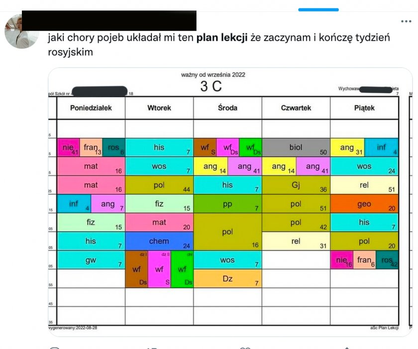 Plan lekcji z religią w środku zajęć.