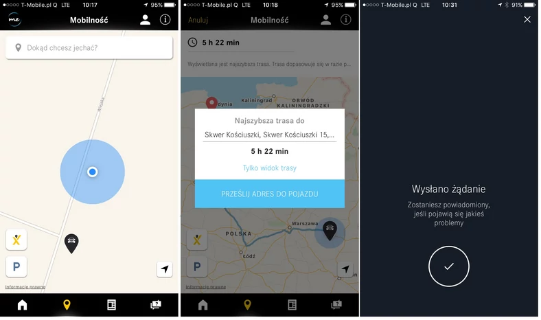 MercedesMe przesyłanie celu z aplikacji w smartfonie do nawigacji w samochodzie