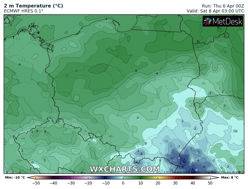 Temperatura, głównie na południowym wschodzie, znowu spadnie kilka stopni poniżej 0 st. C. Poza tym będzie wyraźnie cieplej