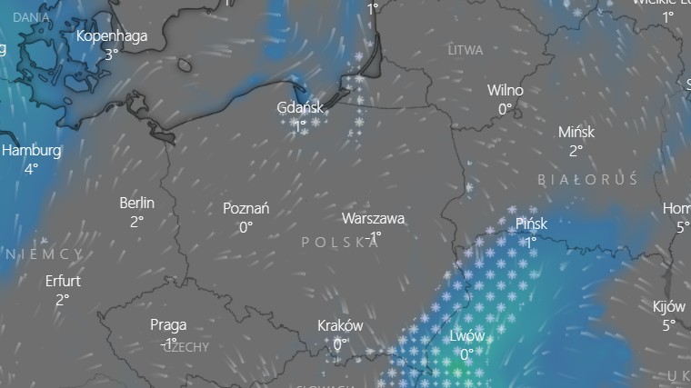 Prognozowane opady deszczu i śniegu na niedzielę, 12 grudnia