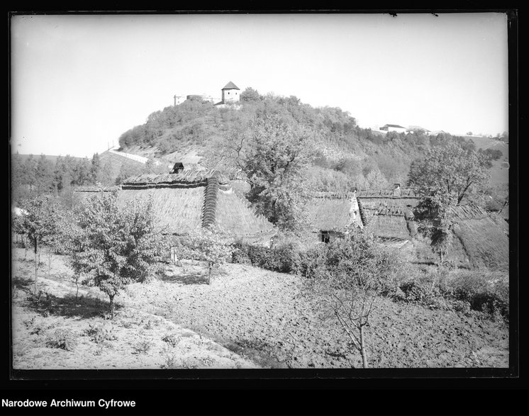 Wysuczka. Widok na dachy wiejskich domów i zamek, 1929 r.