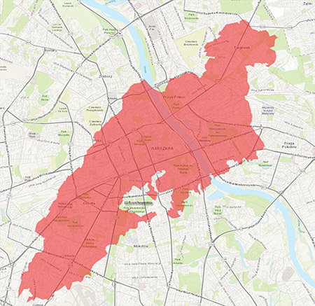 Powierzchnia pożaru nad Biebrzą nałożona na plan Warszawy. Opracowanie: Jacek Marek/Facebook