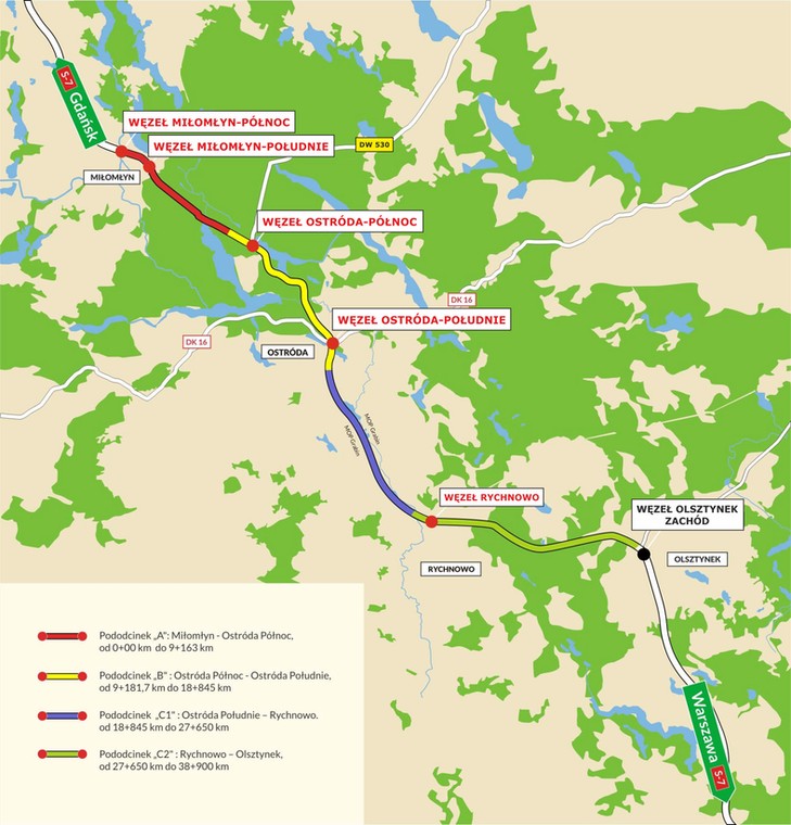 S7 w rejonie Miłomłyna, Ostródy i Rychnowa