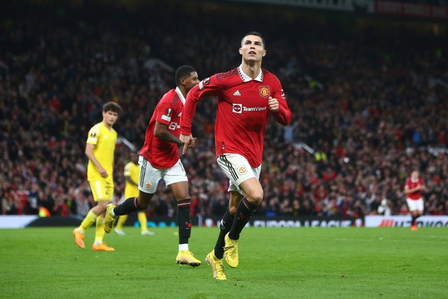 Cristiano Ronaldo of Manchester United, celebrates scoring his side's third goal against Sheriff on October 27, 2022.