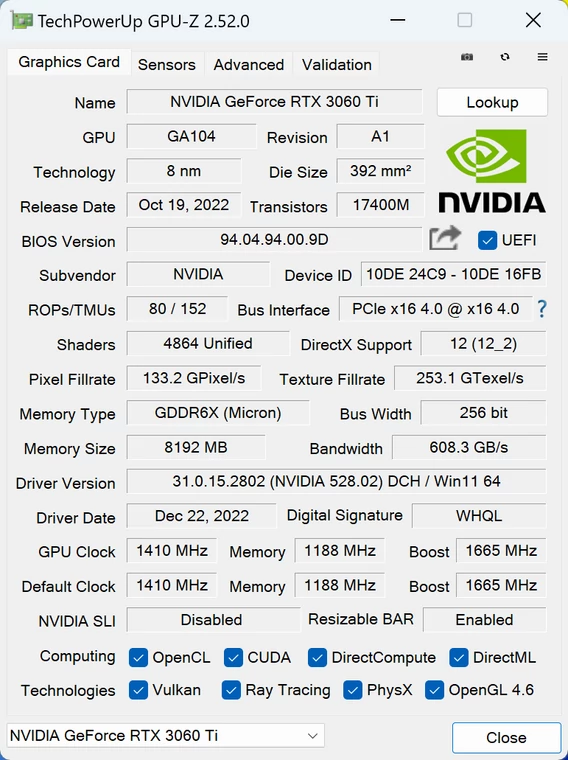 Nvidia GeForce RTX 3060 Ti (GDDR6X) –  GPU-Z – specyfikacja modelu KFA2 GeForce RTX 3060 Ti GDDR6X 1-Click OC Plus