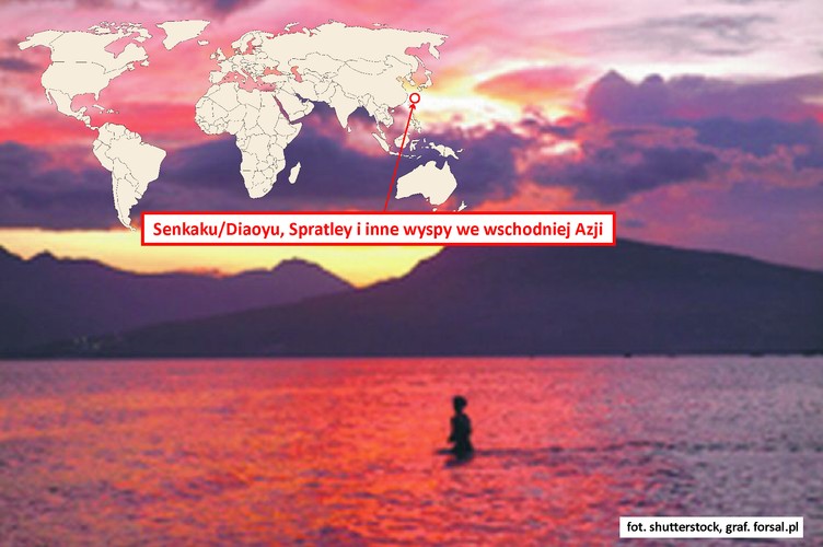 Bezludne wysepki, wokół których znajdują się bogate złoża ropy naftowej i gazu ziemnego. Spór o Senkaku/Diaoyu (administracja Japonii, roszczenia Chin) doprowadził w 2012 r. do gwałtownego zaostrzenia stosunków między Tokio a Pekinem. Do Spratley roszczenia zgłaszają Chiny, Tajwan, Wietnam, Malezja, Filipiny i Brunei, a wokół wysp często dochodzi do incydentów zbrojnych. Zajęcie spornych archipelagów przez Chiny i będący konsekwencją konflikt zbrojny jest realnym scenariuszem.