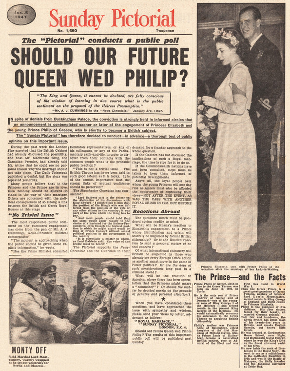 "Czy nasza przyszła królowa powinna wyjść za mąż za Filipa?" - pytali dziennikarze na łamach pisma "Sunday Pictorial"
